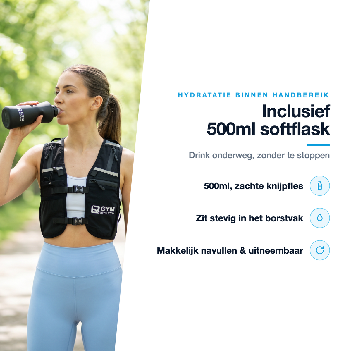Gym Revolution Hardloopvest met LED-verlichting - Reflecterend Loopvest met Softflask 500ml, Telefoonhouder en 3 LED-lampjes - Ultralicht en 360° Zichtbaar - Zwart